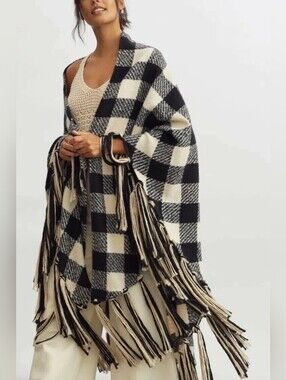 Anthropologie Maeve Buffalo Check Fringe Shawl Whimsigoth Boho Cozy Cape OS